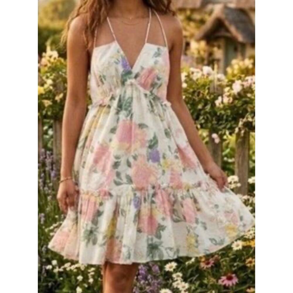 Women Floral Dress Mini Babydoll S Tiered Halter Summer Vacation Cruise Casual